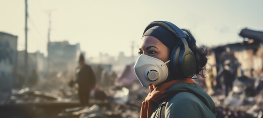 environmental activist in face mask take part in campaign in a polluted urban area.