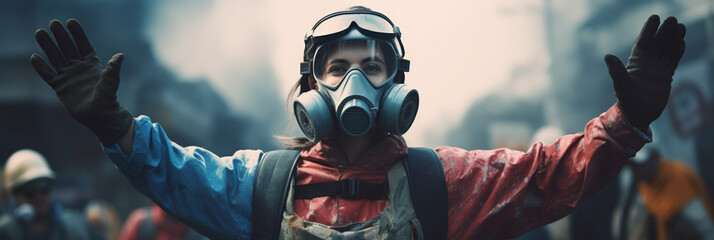 environmental activist in face mask take part in demonstration against deforestation forest.