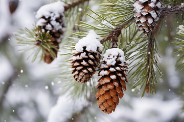 Snow-covered pine Cones Hanging from a Tree Branch