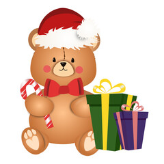 Christmas teddy bear character with gifts isolated. Santa bear in Christmas hat isolated on white background. 
