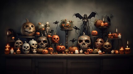 Gruseliges Halloween Stillleben mit Kürbissen, Totenköpfen, Skelett, Knochen, Fledermäusen und Kerzen auf einer Kommode. - obrazy, fototapety, plakaty