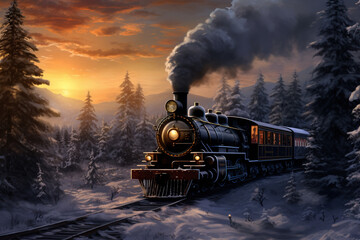 Digital painting of a steam locomotive in the winter