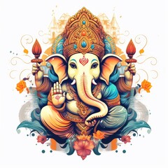 A large elephant with a crown on its head. Digital art. Detailed Ganesha design.