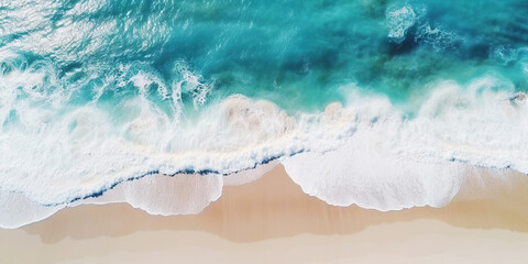 Top view oncoast with ocean waves. Blue water background. Summer seascape from air. Generative AI