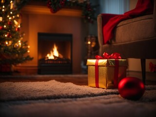 A golden gift box next to a fireplace and Xmas tree