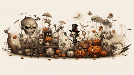 Gruseliges Halloween Stillleben mit Kürbissen Totenköpfen Skelett Knochen und Fledermäusen.
