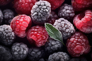 Close-up of Frozen Raspberries and Blueberries  