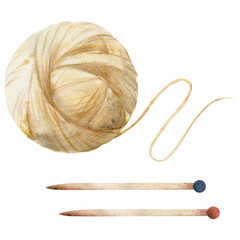 Hand drawn watercolor illustration. Beige ball of yarn with needles, hobby knitting handmade weave, natural color wool. Single object isolated on white background. For shop, logo, print, paper, card