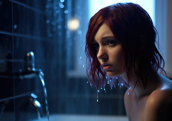 Depressed sad young woman taking a bath with copy space