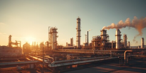 Oil refinery plant at dusk, view of oil and gas petrochemical industrial. Network of steel pipelines at Refinery factory