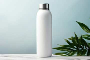 A white water bottle sitting on top of a table. Digital art. Body product mockup. - obrazy, fototapety, plakaty