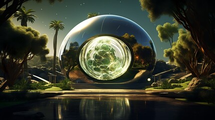 Futuristic solar sphere in green megacity on eco-friendly sci-fi landscape