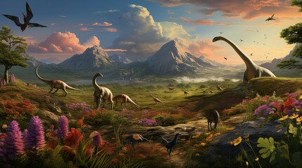 Prehistoric landscape of dinosaurs roaming the earth in an ancient valley