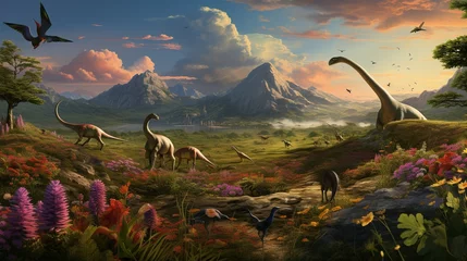 Foto op Plexiglas anti-reflex Dinosaurus Prehistoric landscape of dinosaurs roaming the earth in an ancient valley