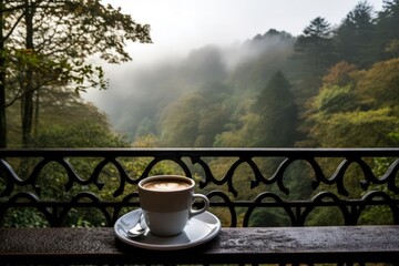 Fototapeta premium a view of a cup of coffee sat on a bancony railing