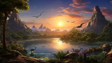 Prehistoric landscape of dinosaurs roaming the earth in an ancient valley