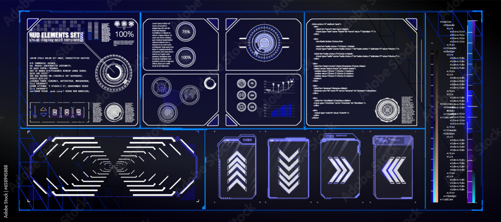 Poster callouts titles, loading bars, arrows, holograms vr, icons, bar labels and lines. hud collection for