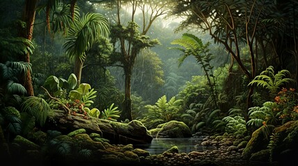 Prehistoric forest of a long lost flora of the mesozoic era landscape with ferns and scale trees - obrazy, fototapety, plakaty
