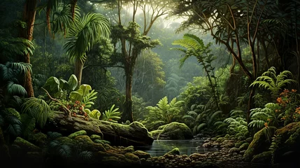 Rollo Prehistoric forest of a long lost flora of the mesozoic era landscape with ferns and scale trees © Nordiah