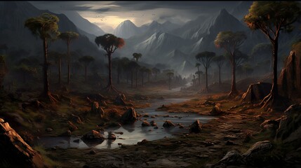 Dark prehistoric landscape with dinosaurs and mesosoic flora and fauna