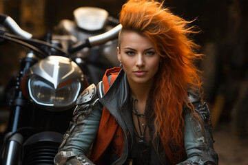 Woman with red hair sitting on motorcycle with leather jacket.