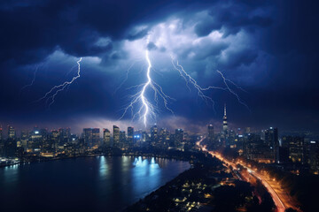 Lightning thunderstorm flash over the city at night sky. Generative AI