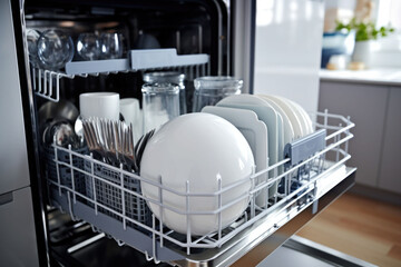 Open dishwasher with clean glass, cups, plates and dishes. Generative AI
