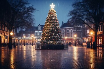 Cinematic photograph of Huge christmas tree in village square