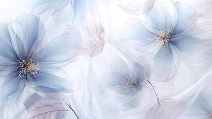 Light floral background with delicate semi-transparent pastel blue flowers and leaves, natural organic texture