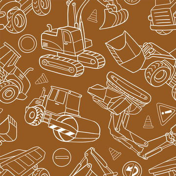 Hand drawn construction trucks and bulldozers seamless vector pattern. Perfect for textile, wallpaper or nursery print design. © MirabellePrint