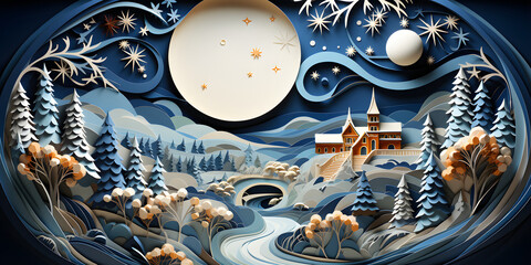 Winter landscape with christmas tree and church in paper cut style. ia generated