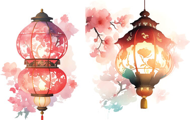 set of chinese lantern in watercolor - obrazy, fototapety, plakaty