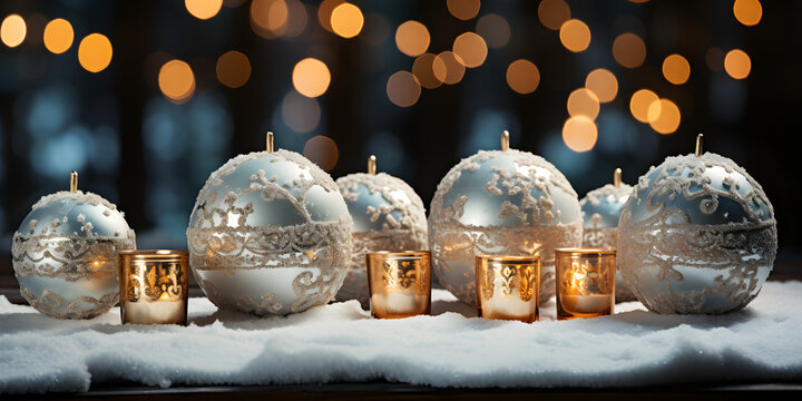 Christmas decoration with candles on snow and bokeh lights background. ia generated