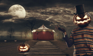 Creepy circus tent and scary character