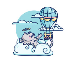 Cute illustration with fluffy angel cat on cloud. Print for children room. Illustration of kitty in sky for textile. Vector