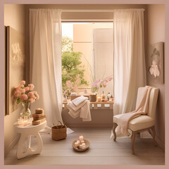 a spa room with a calming atmosphere. a lit candle, a vase of fresh flowers, a soft, inviting robe draped over a chair, a mug of herbal tea, and a view of a tranquil outdoor scene