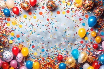 party birthday celebration concept,giftbox,balloon,confetti and streamers background copy space for tex