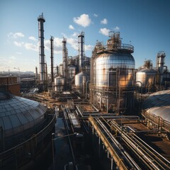 Obraz premium Details of industrial oil refinery plant. industrial machinery and storage tanks and pipelines systems.