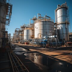 Obraz premium Details of industrial oil refinery plant. industrial machinery and storage tanks and pipelines systems.