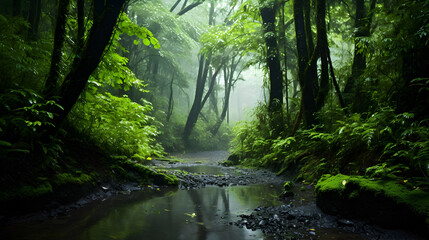 Obraz premium Imagine a verdant, lush forest, bathed in the gentle touch of rain. The canopy, dense with vibrant green leaves, drips with fresh raindrops that glisten as they fall. 