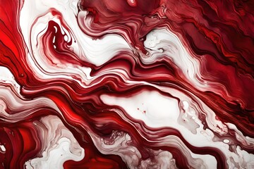 Abstract fluid art background dark red and white colors. Liquid marble. Acrylic painting on canvas with pink gradient and splash. Watercolor backdrop with wavy rose pattern