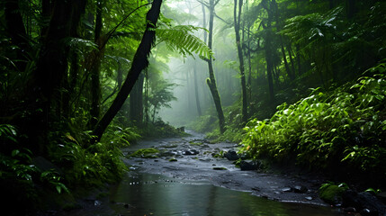 Imagine a verdant, lush forest, bathed in the gentle touch of rain. The canopy, dense with vibrant green leaves, drips with fresh raindrops that glisten as they fall. 