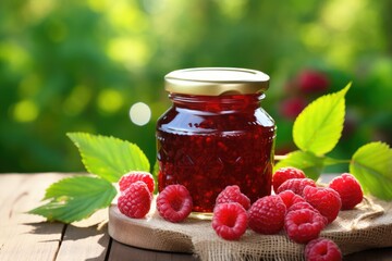 Raspberry jam in jar on wooden table