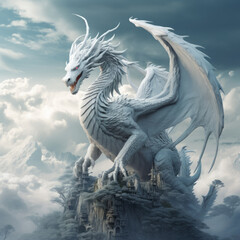 White color dragon on high above the sky with cloud.