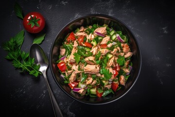 Tuna salad in a bowl on a dark background