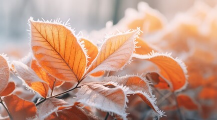 Orange beech leaves covered with frost in late fall or early winter.