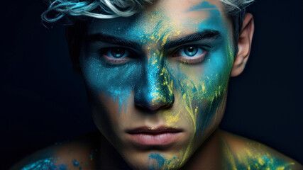 Portrait of a young man with creative make-up. Studio shot.