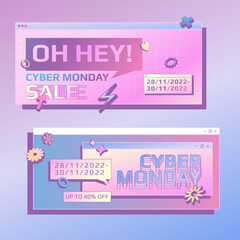Tempate design cyber monday banner. 90s interface style. Retro design concept.