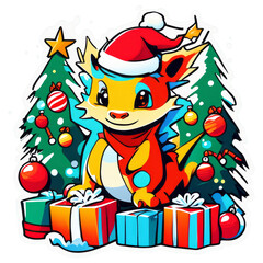 Naklejka premium Cute dragon wearing a Santa hat surrounded by gifts And the Christmas tree is playing with toys.