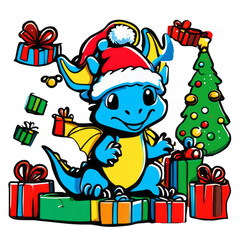Naklejka premium Cute dragon wearing a Santa hat surrounded by gifts And the Christmas tree is playing with toys.